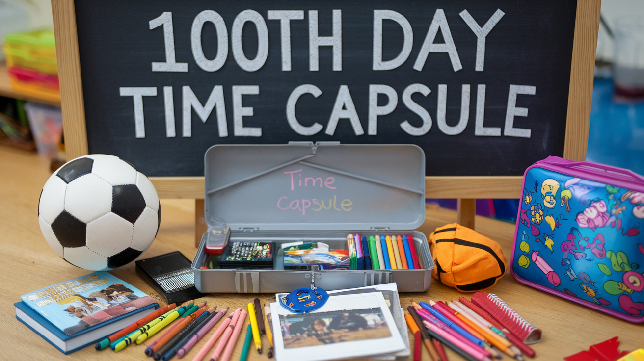 A 100th Day of School time capsule setup featuring a chalkboard with "100th Day Time Capsule" written on it, surrounded by colorful items like pencils, crayons, a soccer ball, books, and a small open box containing stationery supplies.