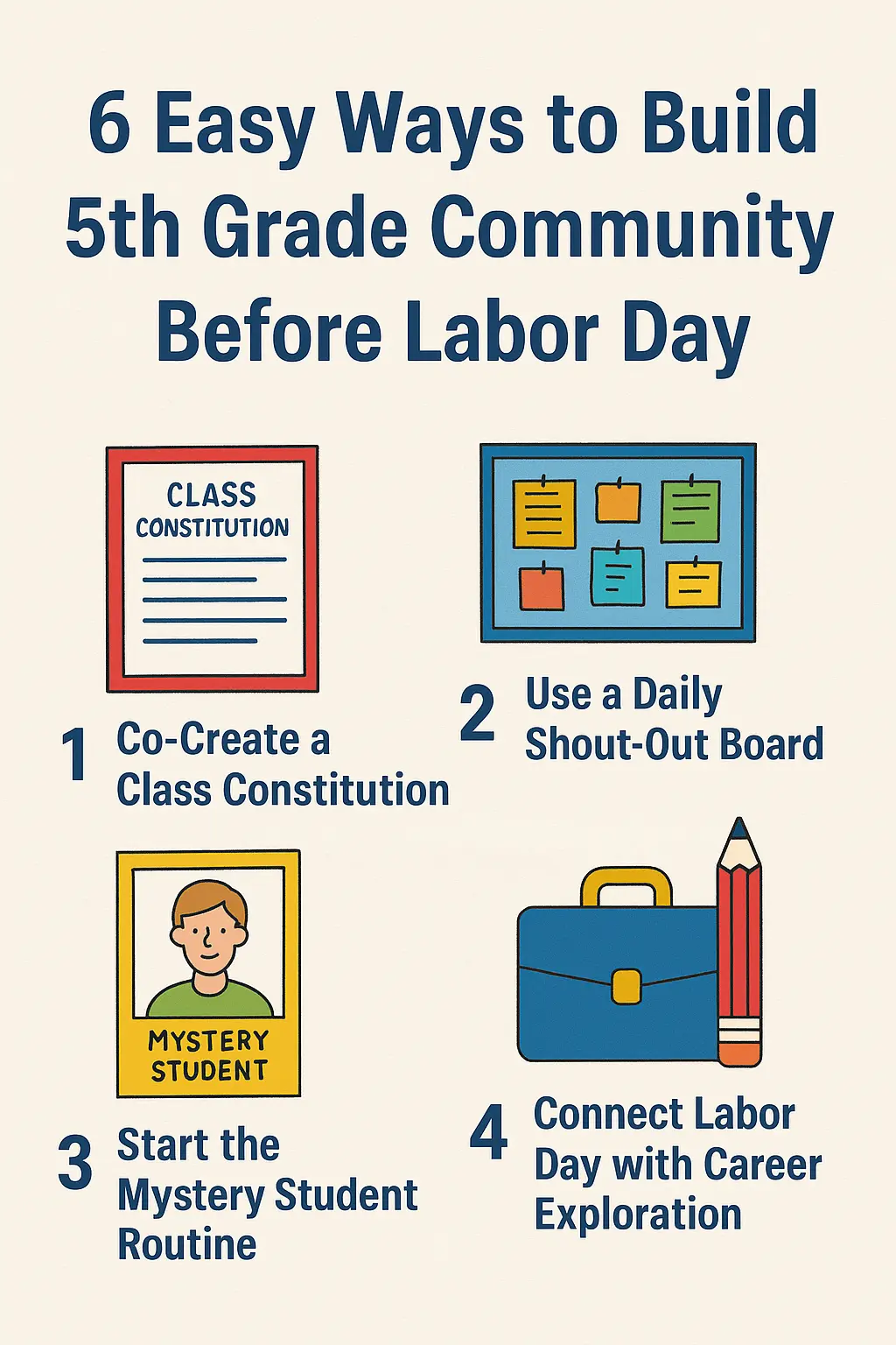 Graphic showing four ways to build 5th Grade Community before Labor Day, including a class constitution, shout-out board, mystery student, and career activity.