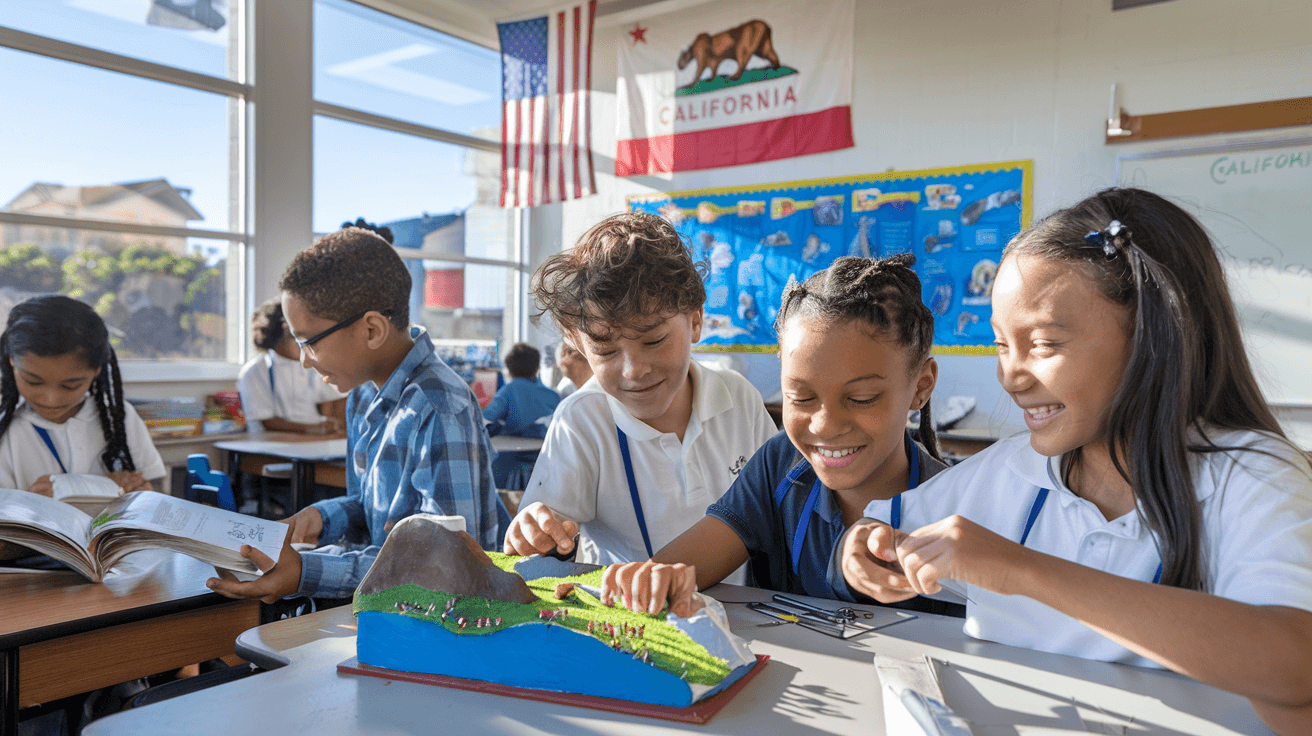 This image helps to answer the question What do 4th graders learn in California. It showcases hands-on science, reading, and social studies. Diverse 4th grade students in a California classroom working on a hands-on geography project with books, models, and state flags in view.