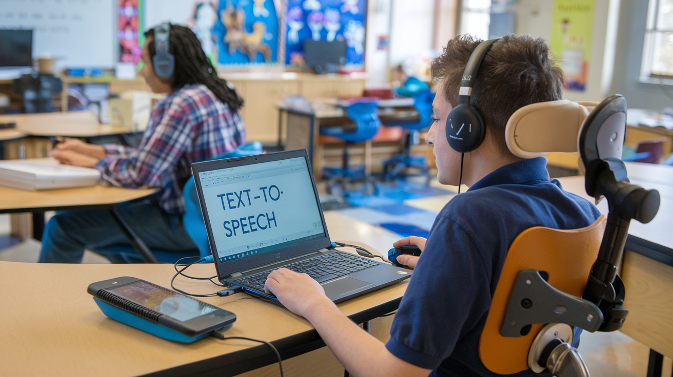 A student with a physical disability using a text-to-speech tool on a laptop in a classroom, showcasing the accessibility benefits of AI in education.