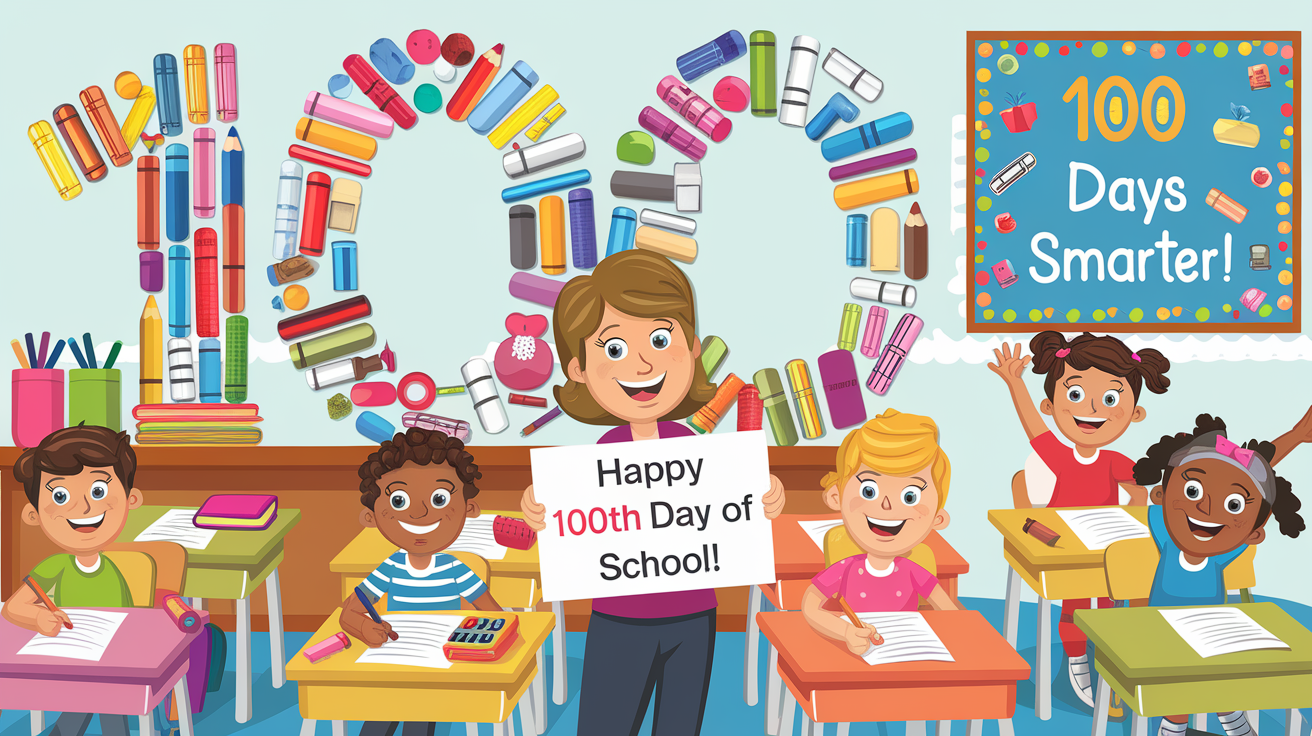 A cheerful classroom with a teacher holding a sign that says "Happy 100th Day of School!". The teacher is surrounded by smiling students at desks. A large "100" made of colorful school supplies decorates the wall, and there is a bulletin board that says "100 Days Smarter!"