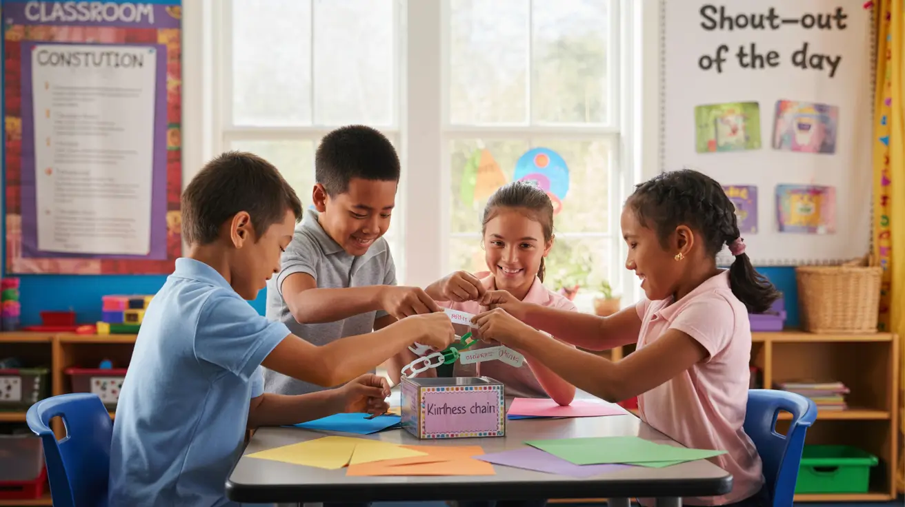 Students smiling and working together on a kindness chain in a 5th grade classroom, building 5th Grade Community with a shout-out board and class constitution.