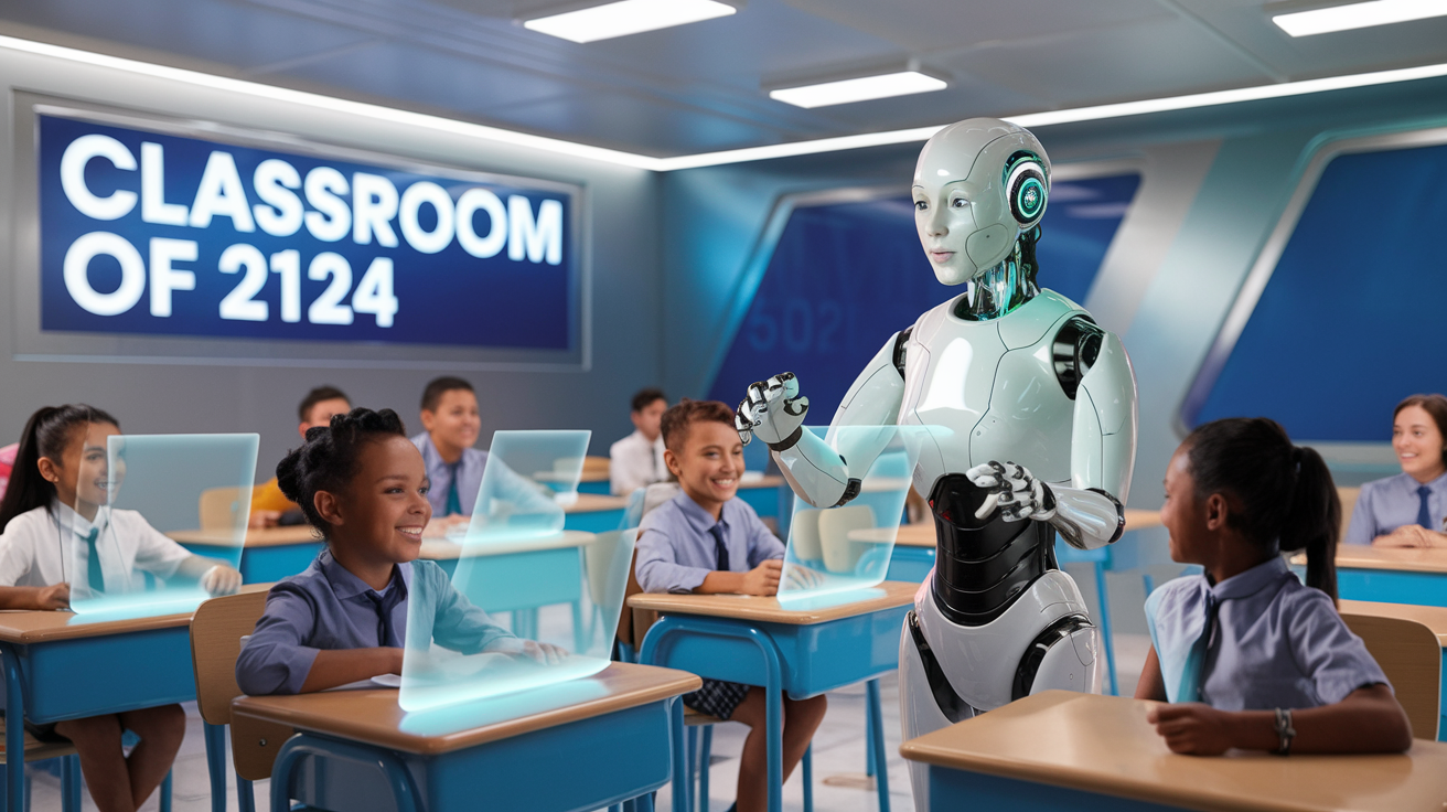 A futuristic classroom labeled "Classroom of 2124," featuring a humanoid robot teacher interacting with smiling students using holographic screens at their desks.