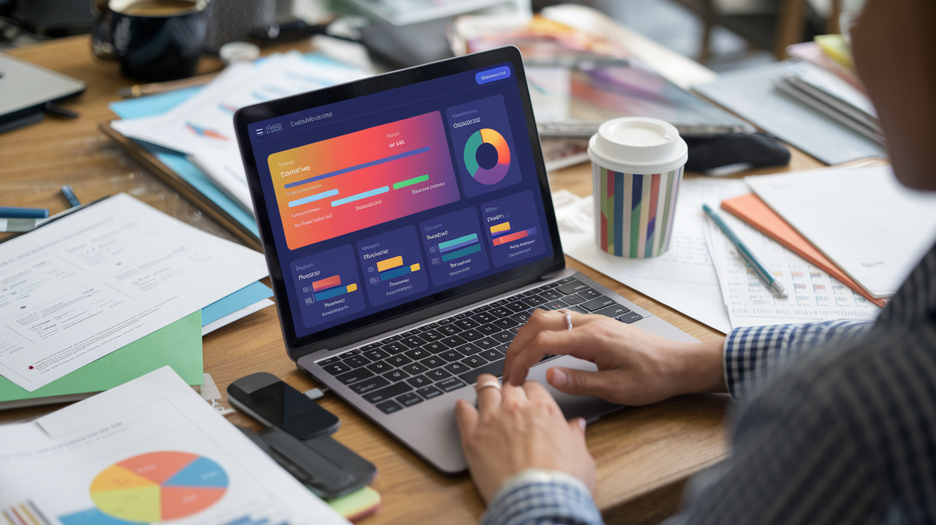 A teacher using an AI-powered grading tool on a laptop to analyze student performance, showcasing the role of AI in education.