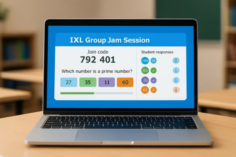 Laptop screen showing IXL Group Jam session with a math question and real-time student responses in a classroom setting