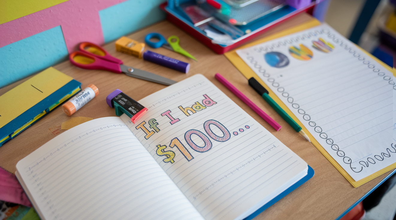 A close-up of a student's desk showing a notebook with "If I had $100..." written in colorful letters, surrounded by scissors, glue, and colorful markers.