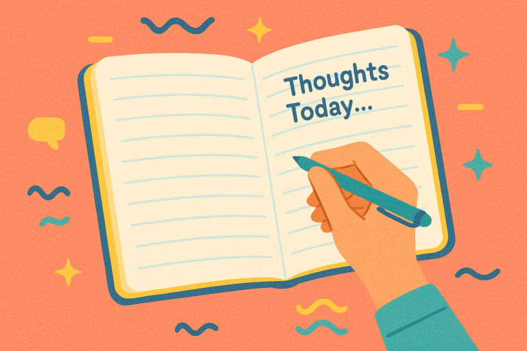 Student journaling ideas shown as a hand writing in an open notebook labeled "Thoughts Today" on a colorful background.