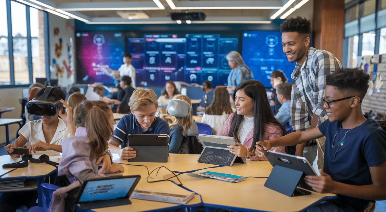 Vibrant classroom scene with modern learning technology and diverse students participating actively.