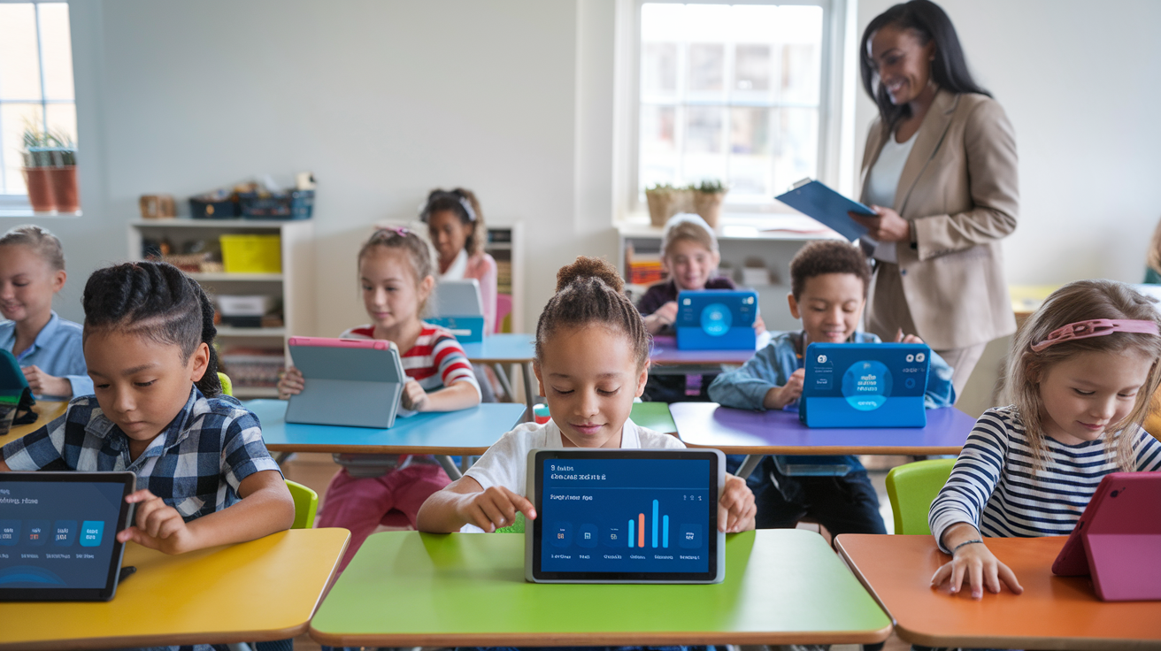 Students using tablets with AI-powered learning apps in a classroom, guided by a teacher, illustrating personalized learning through AI in education.