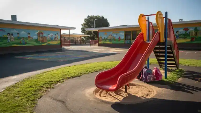 Empty elementary school yard with a red slide, colorful murals on buildings, painted playground games, and backpacks resting at the base of the structure.