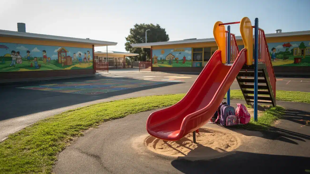 Empty elementary school yard with a red slide, colorful murals on buildings, painted playground games, and backpacks resting at the base of the structure.