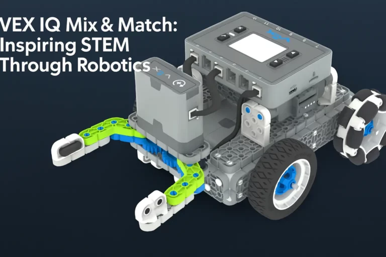 VEX IQ Mix & Match robot with claw on display under bold title