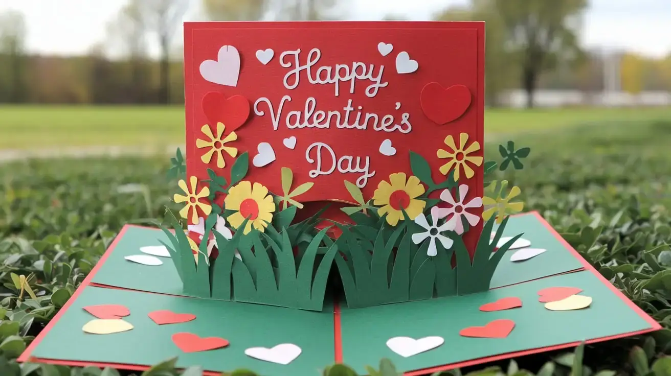 A colorful garden-themed Valentine's Day pop-up card with paper flowers, green grass, and hearts on a red background that says “Happy Valentine’s Day.”