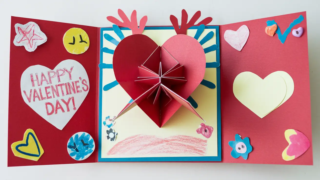Valentine’s Day Activities includes making this pop-up card with a large 3D heart centerpiece and colorful drawings, hearts, and decorations on each flap.