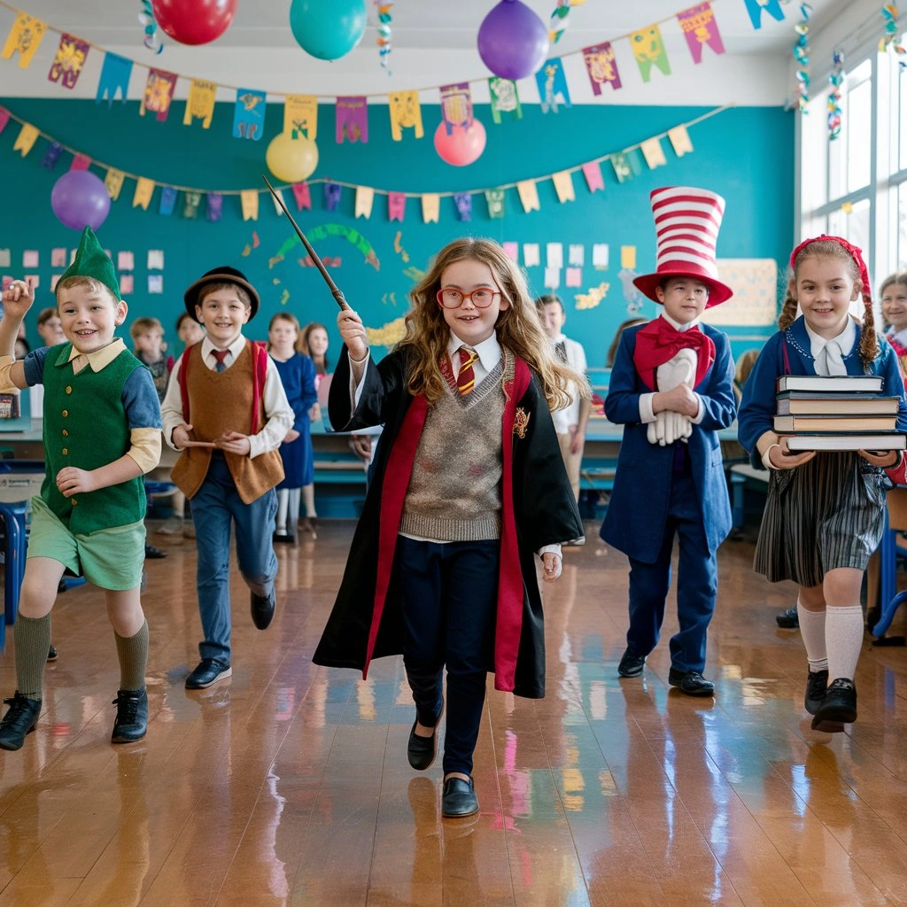A group of children dressed up as famous book characters, including Harry Potter and the Cat in the Hat, walking confidently in a classroom decorated with colorful balloons and banners.