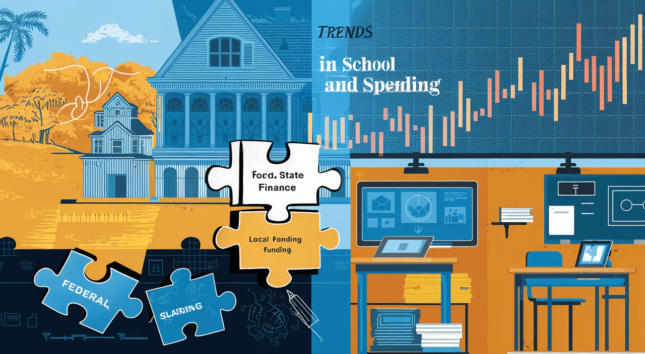 Illustration of education finance trends showing puzzle pieces labeled federal, state, and local funding alongside school and technology imagery