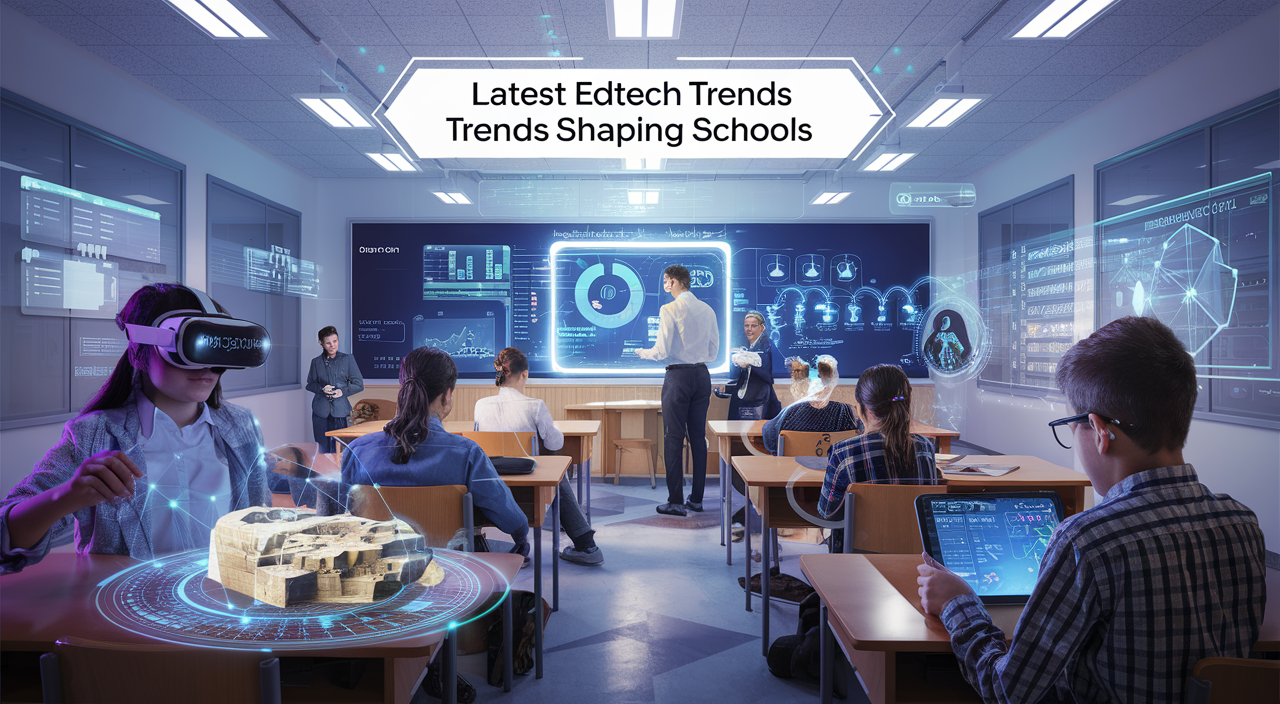 Students exploring future edtech trends in a smart classroom with VR, tablets, and interactive holograms.