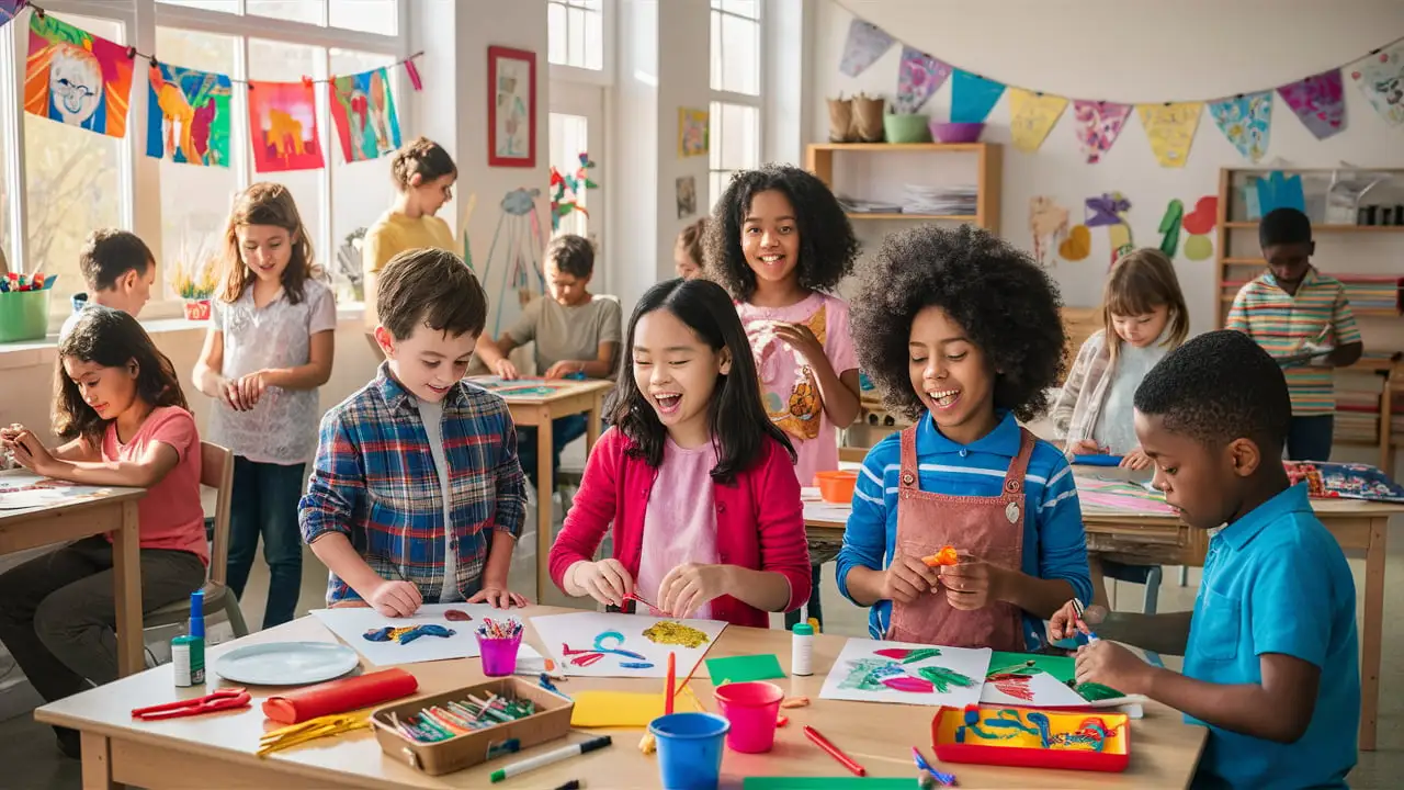 Elementary school students engaged in end of the year art projects in a bright, cheerful classroom.