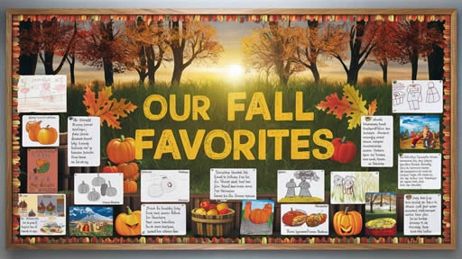 Bulletin board display with a fall theme titled 'Our Fall Favorites,' featuring large golden letters and seasonal imagery such as trees with autumn leaves, pumpkins, and apples. The display includes student-contributed drawings and descriptions of their favorite fall activities, set against a background of a sunlit autumn landscape with a decorative border of fall-themed patterns.
