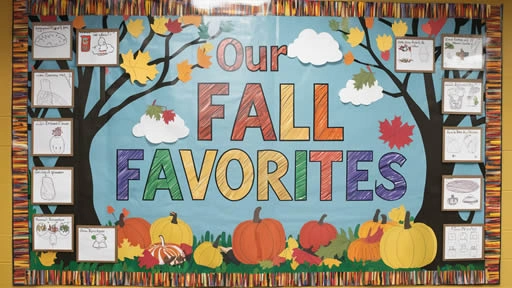 Bulletin board display with a fall theme titled 'Our Fall Favorites,' featuring large colorful letters and seasonal decorations such as pumpkins, autumn leaves, and trees. The display includes illustrations of students' favorite fall activities and items, set against a light blue background with a decorative border of fall-themed patterns.