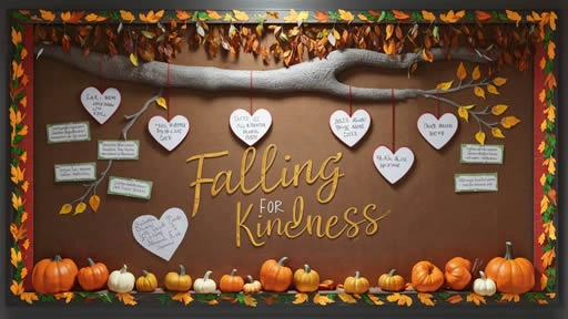 Bulletin board display with a fall theme titled 'Falling for Kindness,' featuring a branch with hanging heart-shaped notes and messages about kindness. The display is decorated with autumn leaves and small pumpkins, set against a brown background with a decorative fall-themed border.