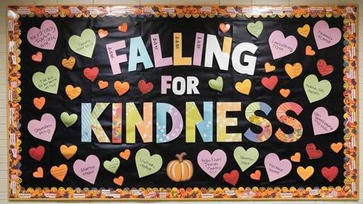 Bulletin board display with a fall theme titled 'Falling for Kindness,' featuring colorful letters and heart-shaped notes with messages about kindness. The board is decorated with small pumpkins and autumn leaves, set against a black background with a decorative fall-themed border.