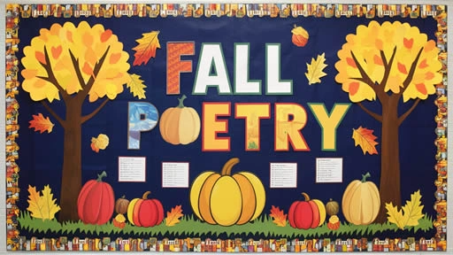 Bulletin board display with a fall theme titled 'Fall Poetry,' featuring large colorful letters and seasonal decorations like trees with autumn leaves, pumpkins, and scattered leaves. The display includes a few short poems about fall, set against a dark blue background with a decorative fall-themed border.