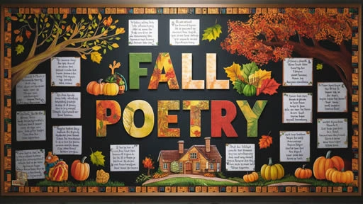 Bulletin board display with a fall theme titled 'Fall Poetry,' featuring a central text surrounded by seasonal imagery such as trees with autumn leaves, pumpkins, and a cozy house. The display includes various poems related to fall, set against a dark background with a decorative fall-themed border.