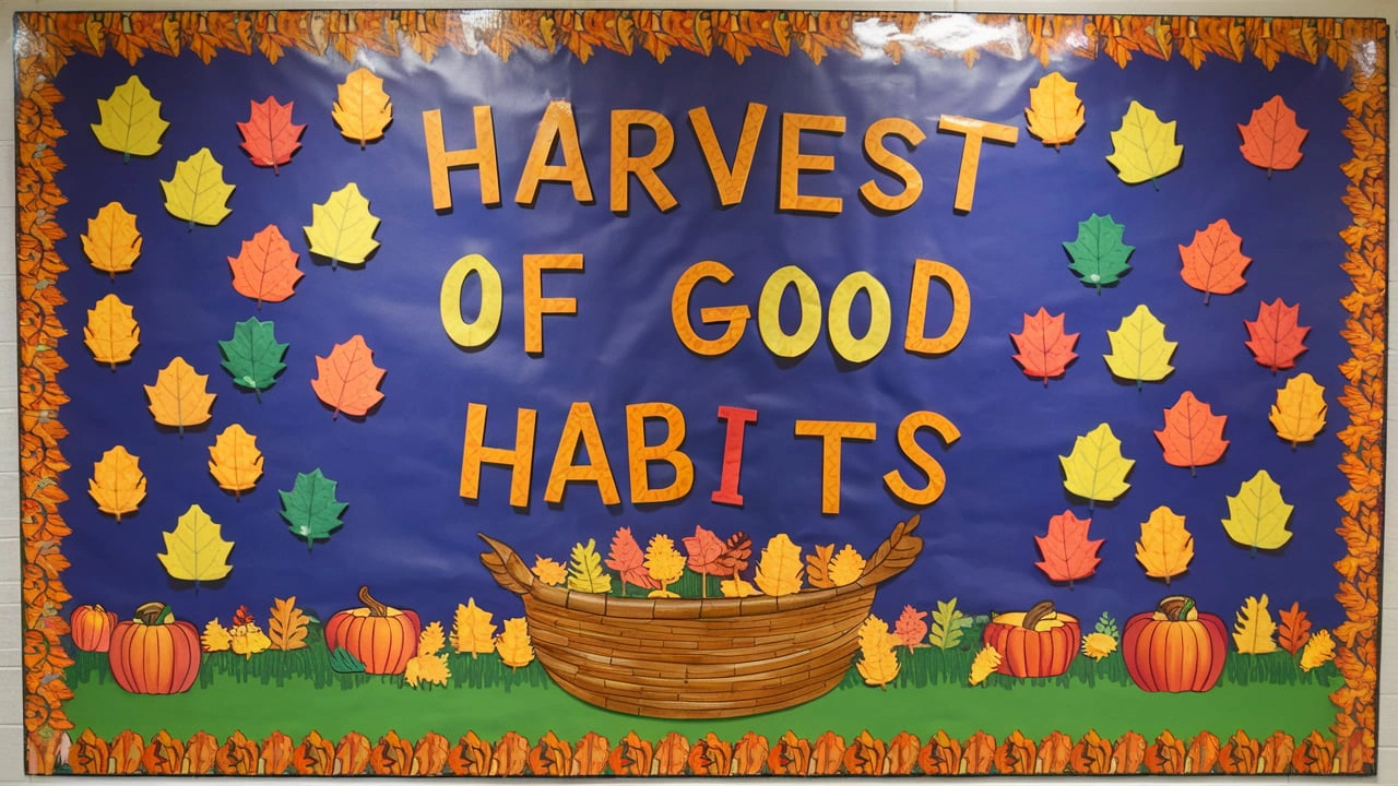 Bulletin board display with a fall theme titled 'Harvest of Good Habits,' featuring a large cornucopia at the bottom filled with colorful paper leaves. The display also includes pumpkins and additional leaves scattered around the title, set against a dark blue background with a border of autumn leaves.
