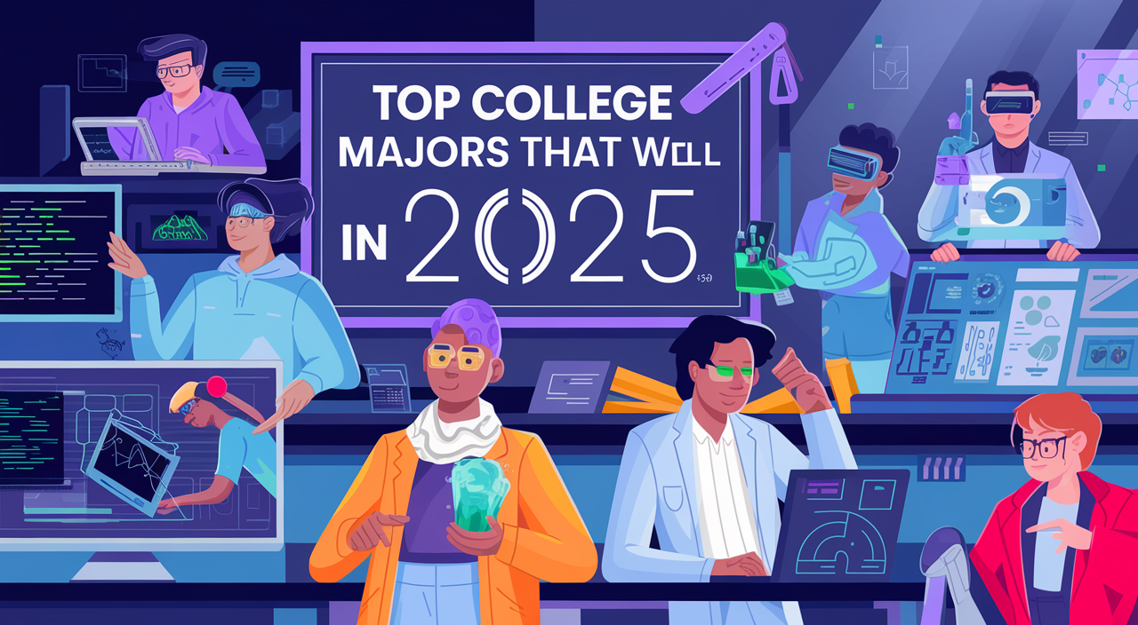 Illustration of students in tech and science fields representing the highest paying college majors in 2025