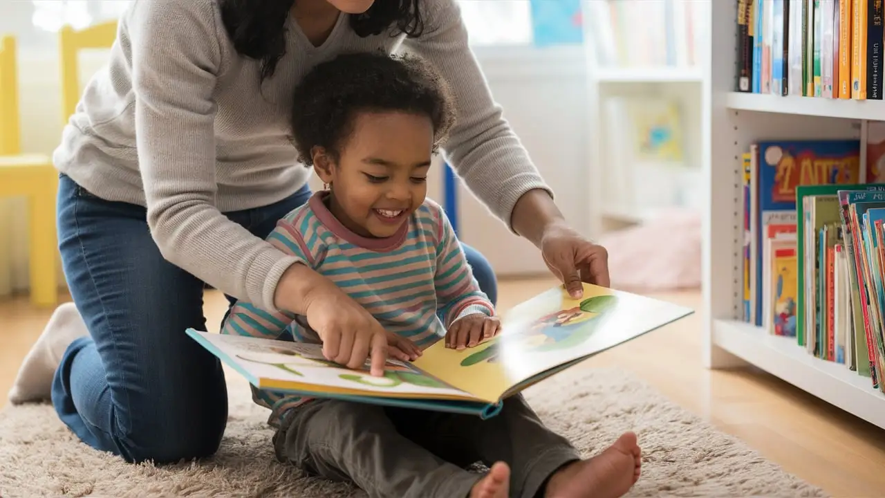 Parent guiding a happy child as kids start learning to read with a picture book.