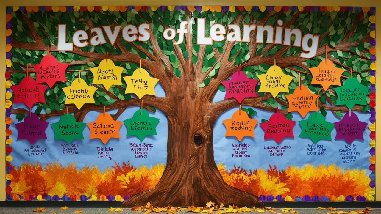 Bulletin board display titled 'Leaves of Learning' featuring a large tree with colorful leaves labeled with educational themes. The display is bordered with a colorful trim and has a background of autumn leaves and a blue sky.