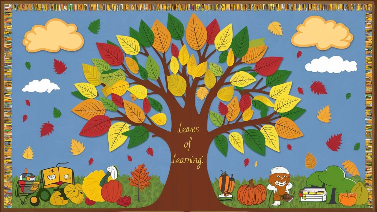 Bulletin board display with a fall theme featuring a large tree with colorful leaves titled 'Leaves of Learning.' The display includes images of clouds, scattered leaves, pumpkins, books, and a character holding an acorn, all set against a blue sky background.