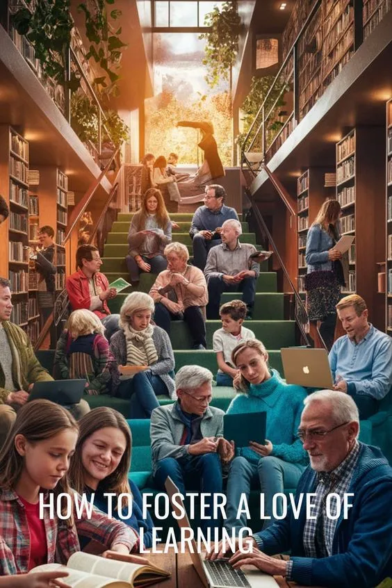 Diverse group of people of all ages engaging in learning activities in a cozy, modern library with natural lighting.