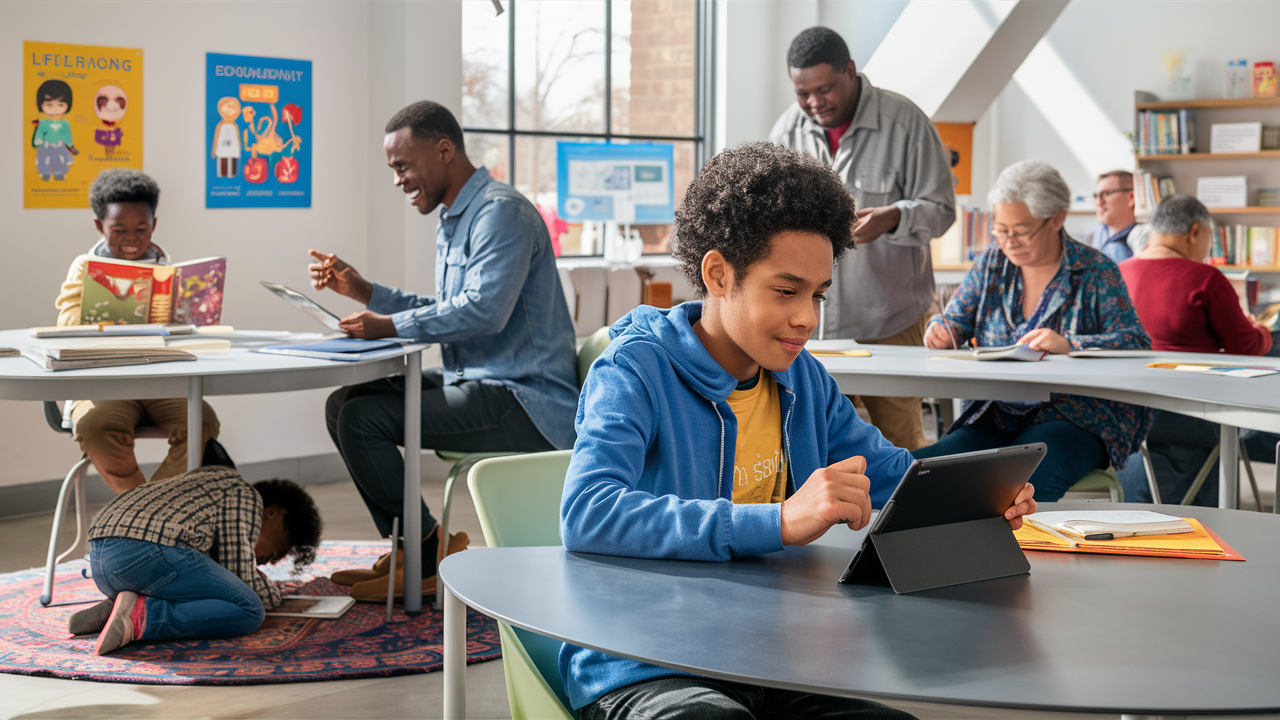 People of various ages engaging in lifelong learning activities in a community center. A boy in the foreground uses a tablet, while others read and work on different tasks at tables in the background.