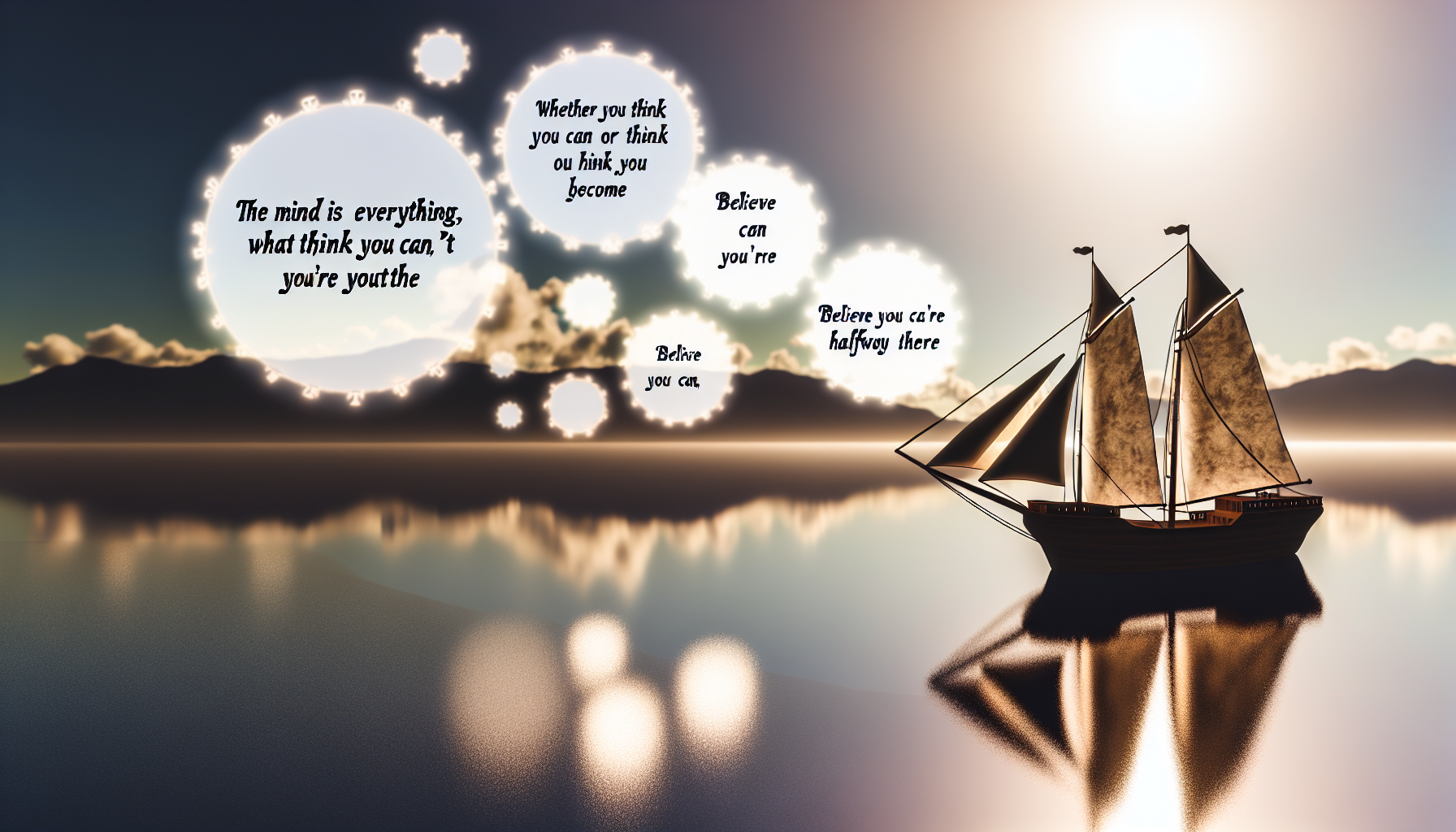 A serene lakescape at sunset with a sailboat in the water. Glowing bubbles float from the boat, each with growth mindset quotes to inspire like "The mind is everything," and "Believe you can." A mountain range reflects off the calm water.