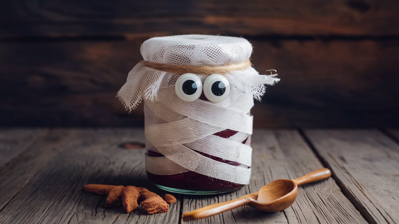 A mason jar wrapped in white gauze with two large googly eyes glued to the front, resembling a mummy. The jar is placed on a wooden surface, accompanied by a small wooden scoop and some dried root pieces.