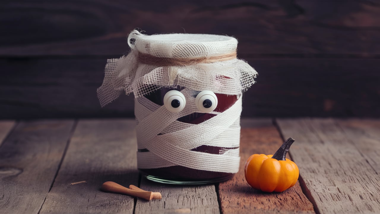 A Mummy Jar Halloween decoration made from a mason jar wrapped in gauze, with large googly eyes glued on the front. A small orange pumpkin sits beside the jar on a wooden surface.