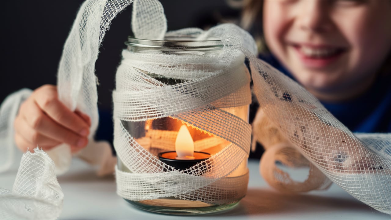 A close-up of a mason jar wrapped in white gauze, with a lit battery-operated tea light inside, creating a glowing mummy jar effect. A child is seen in the background, smiling while adjusting the gauze.