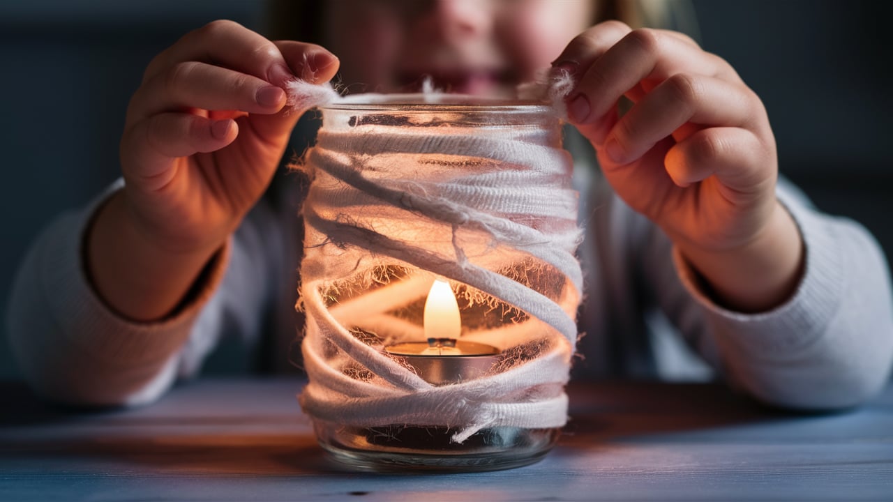 A close-up of a mason jar wrapped in white gauze, with a battery-operated tea light inside, emitting a soft glow. A child's hands are visible, gently adjusting the gauze around the jar.