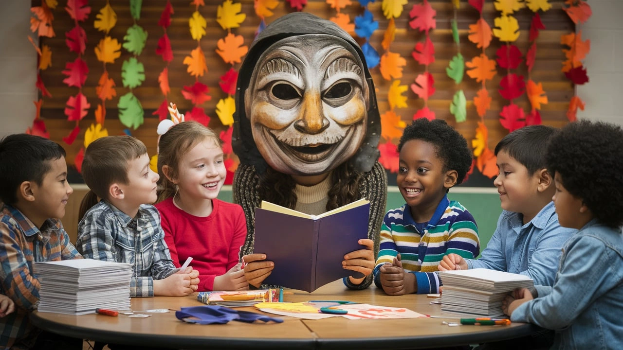 A teacher wearing a mysterious mask reads a book to a group of smiling children in a classroom decorated with colorful autumn leaves.