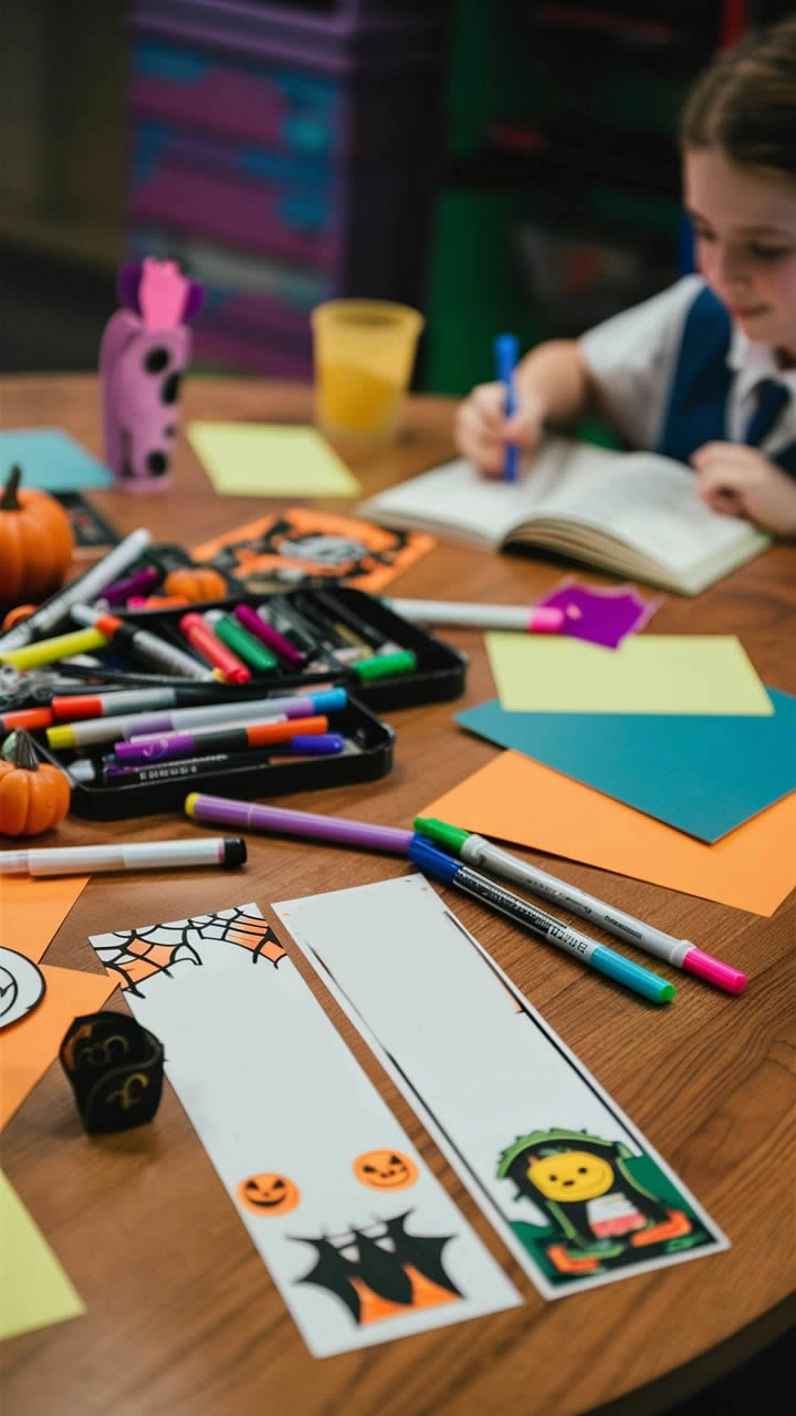 A classroom table with Halloween-themed bookmarks, colorful markers, and craft supplies, with a student reading in the background.