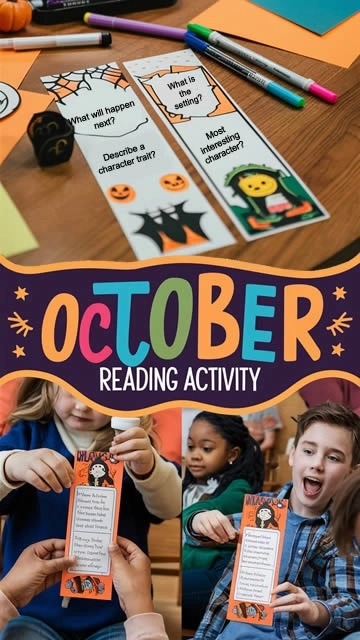 A classroom activity with October-themed bookmarks featuring reading prompts, with students engaging in the activity.