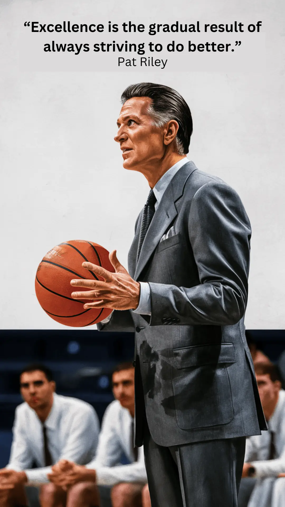 A coach who has a similar style to Pat Riley in a suit holding a basketball, with a motivational quote about excellence above him.