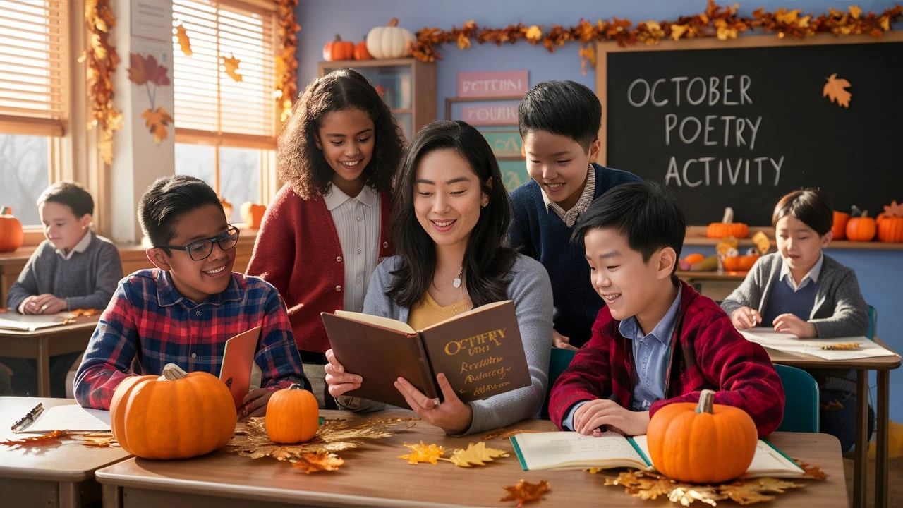 A teacher reads an October-themed poetry book to a group of diverse students in a classroom decorated with pumpkins and autumn leaves.