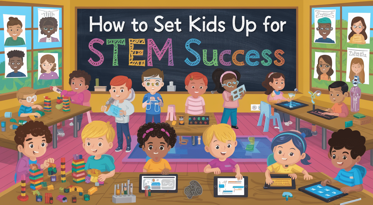 Diverse group of children exploring science, technology, engineering, and math in a colorful classroom, representing 10 powerful ways to prepare kids for STEM careers.