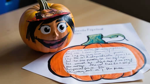 A small pumpkin painted with a character's face next to a handwritten book report on paper shaped like a pumpkin.