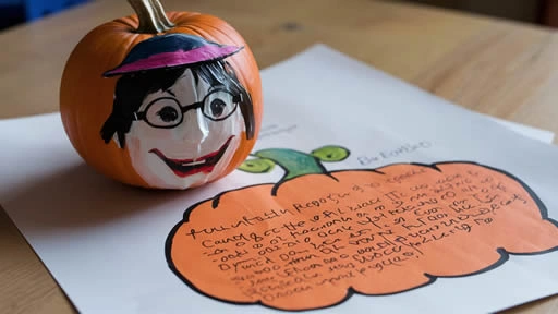 A small pumpkin painted with a book character's face wearing glasses, placed next to a handwritten book report on pumpkin-shaped paper.
