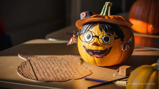 A pumpkin painted as a book character with glasses and a hat, placed next to a creatively written book report on paper shaped like a pumpkin.