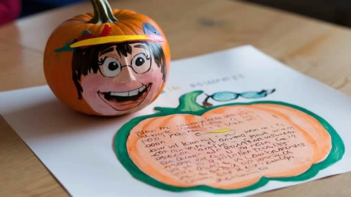A painted pumpkin with a character's face and a creative book report written on paper shaped like a pumpkin.